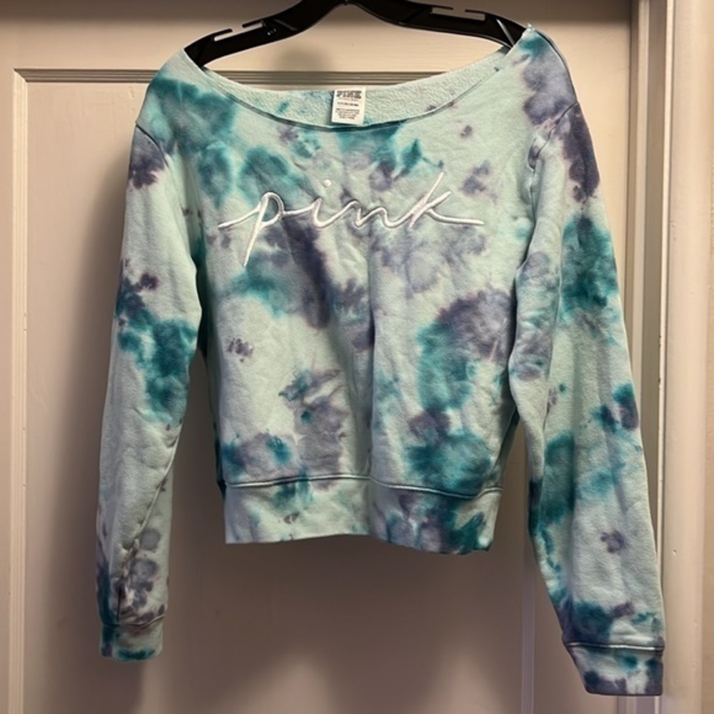 Pink Victorias Secret Baby Blue Off the Shoulder Tie Dye Sweatshirt EUC It#C56